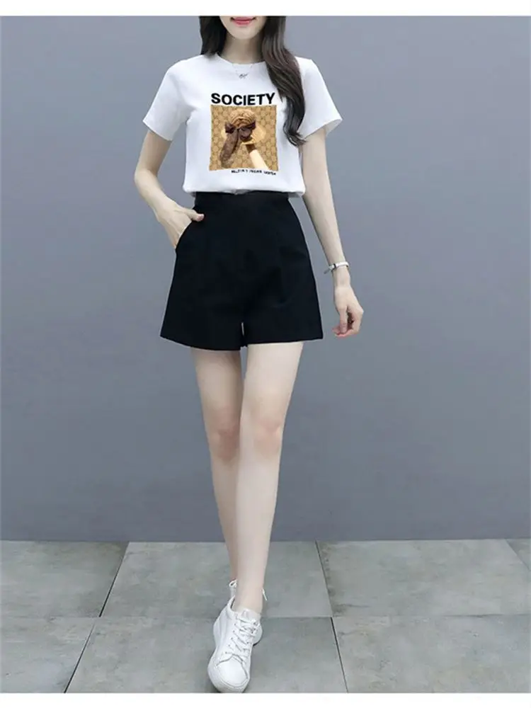 

Женские спортивные костюмы из полиэстера, спортивный топ с коротким рукавом и шорты с широкими штанинами, Женский костюм для бега, Новинка л...