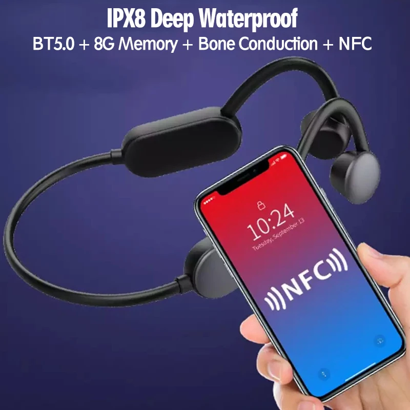 

NFC Bone Conduction Headphones Open-Ear Bluetooth IP68 Waterproof Swiming Sports Headset with Mic Built-in 8G Memory for Diving