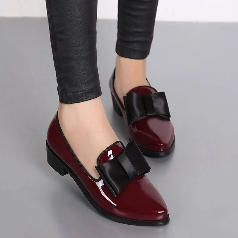 

Women Slip on Shoes Loafers with Chunky Heels Pointed Toe Bow-knot PU Office Dress Shoes Woman Pumps Elegant Spring Footwear