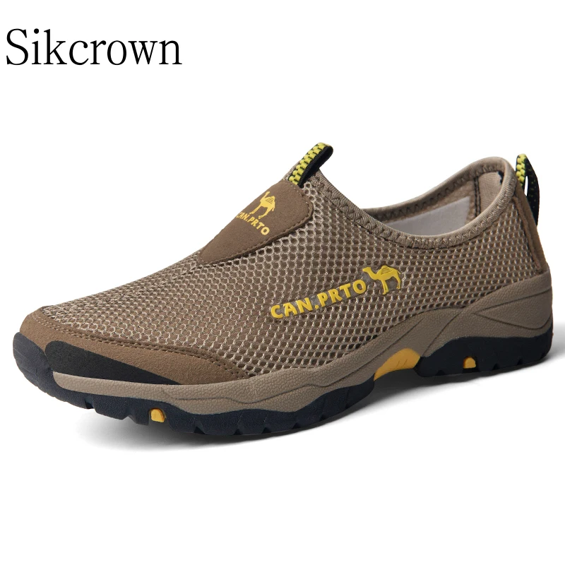 Khaki Hiking Shoes Men Summer Breathable Trekking Sneake Casual Shoes Mesh Outdoor Slip-on Man Flats Sneakers Comfortable Loafer