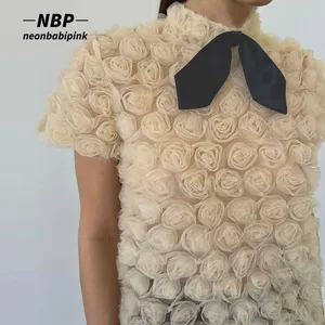 NEONBABIPINK Bowknot Flower Mesh Blouses High Fashion T-shirts for Women Fairycore Vintage Short Sle