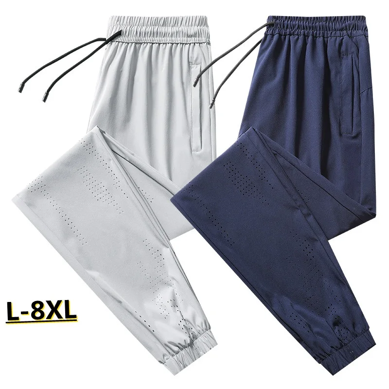 

Pants Men Korean Thin Slim Classic Summer Pants Elastic Waist Fashion Breathable Stretch Lightweight with Hole Trousers Male 8XL