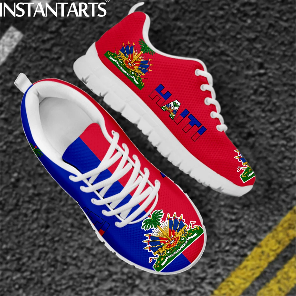 

INSTANTARTS Brand Design Haiti Flag Printed Mesh Sneakers for Women Lightweight Lace up Flat Shoes Casual Sport Footwear Zapatos