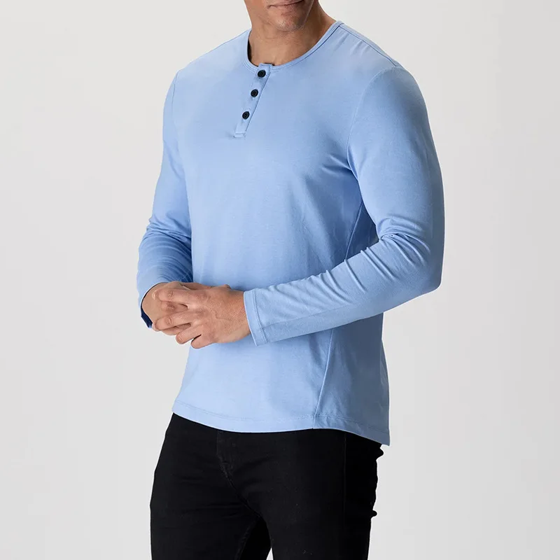 

2022 Autumn New Men's Pullover Street Fashion Solid Color Button Slim Top Men's Office Casual Fashion O Neck Long Sleeve T-Shirt