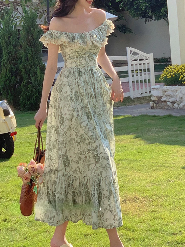 

Винтажное милое платье с цветочным принтом, женское Элегантное Длинное платье с оборками во французском стиле, женское кружевное повседневное модное платье с воротником-лодочкой, 2023