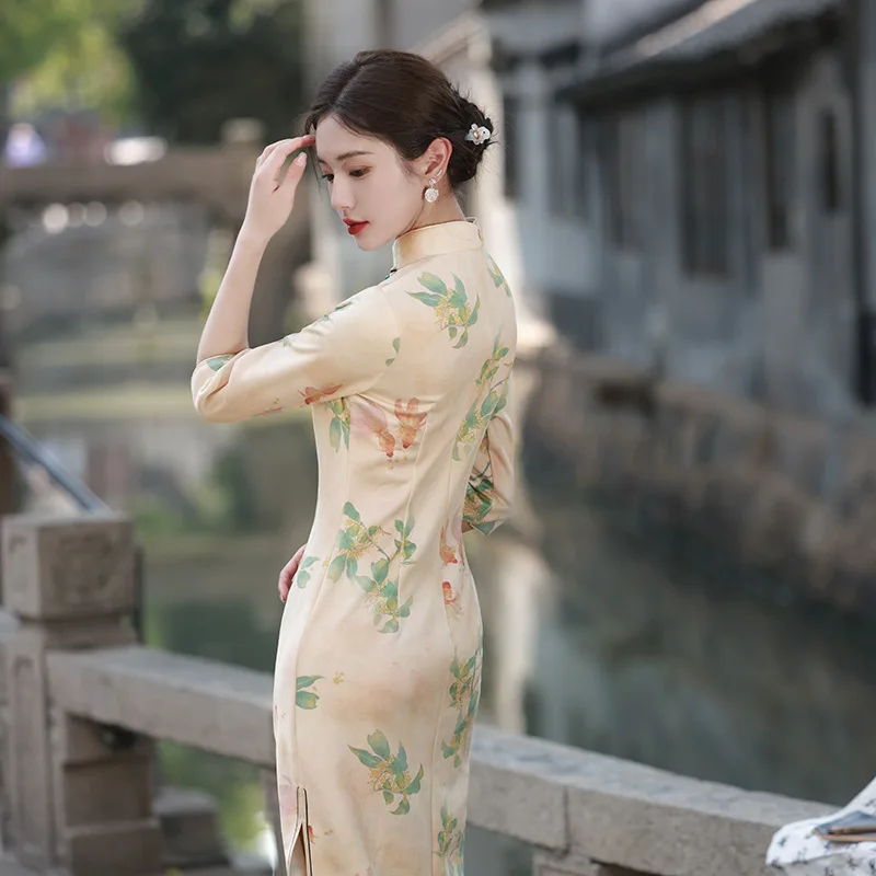 

Женское Замшевое платье-Ципао Yourqipao, классическое Длинное Элегантное вечернее платье в китайском стиле ретро, осень 2023