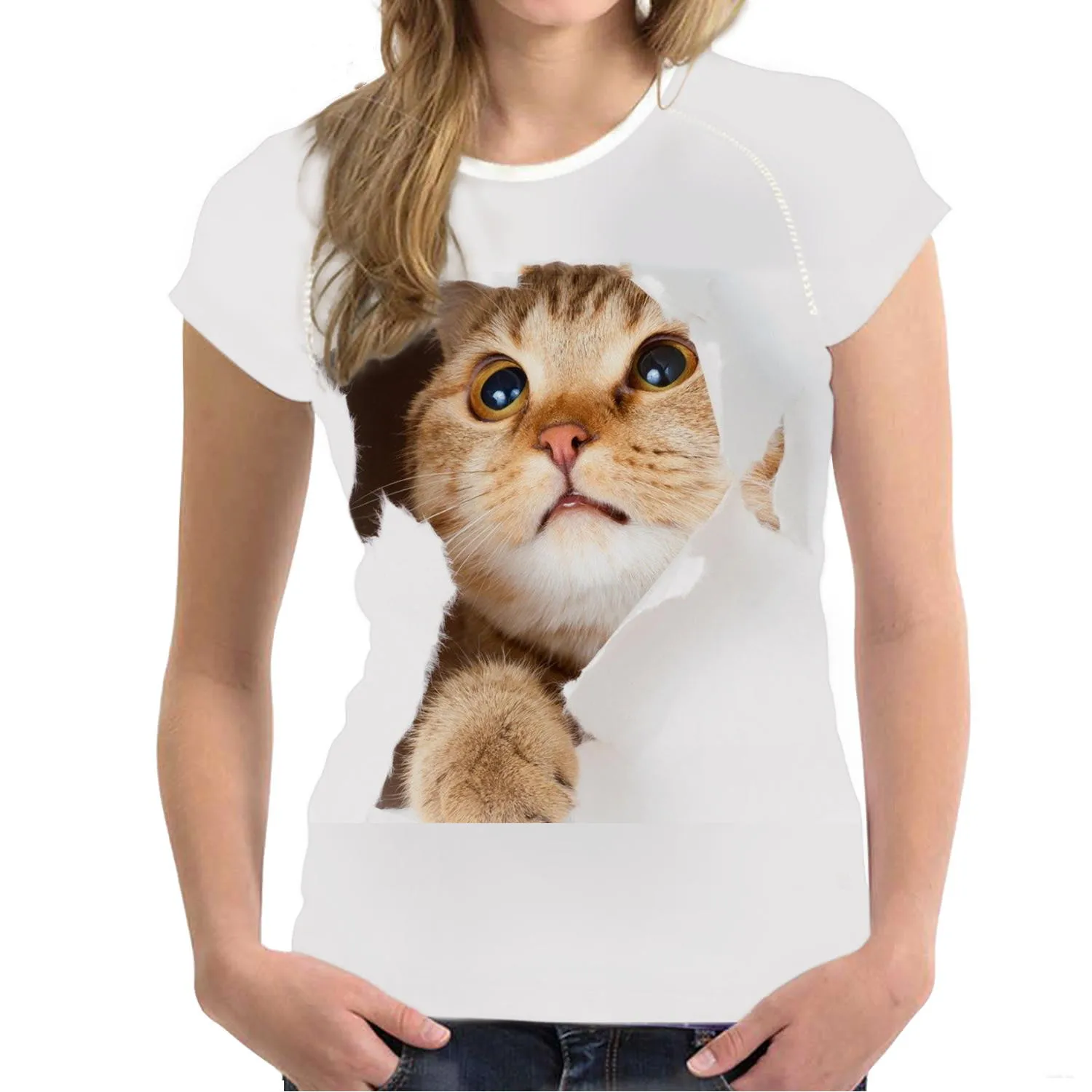 

Футболка с цифровым 3d принтом, Женский Повседневный свитер, футболка с коротким рукавом с круглым вырезом и красивой кошкой