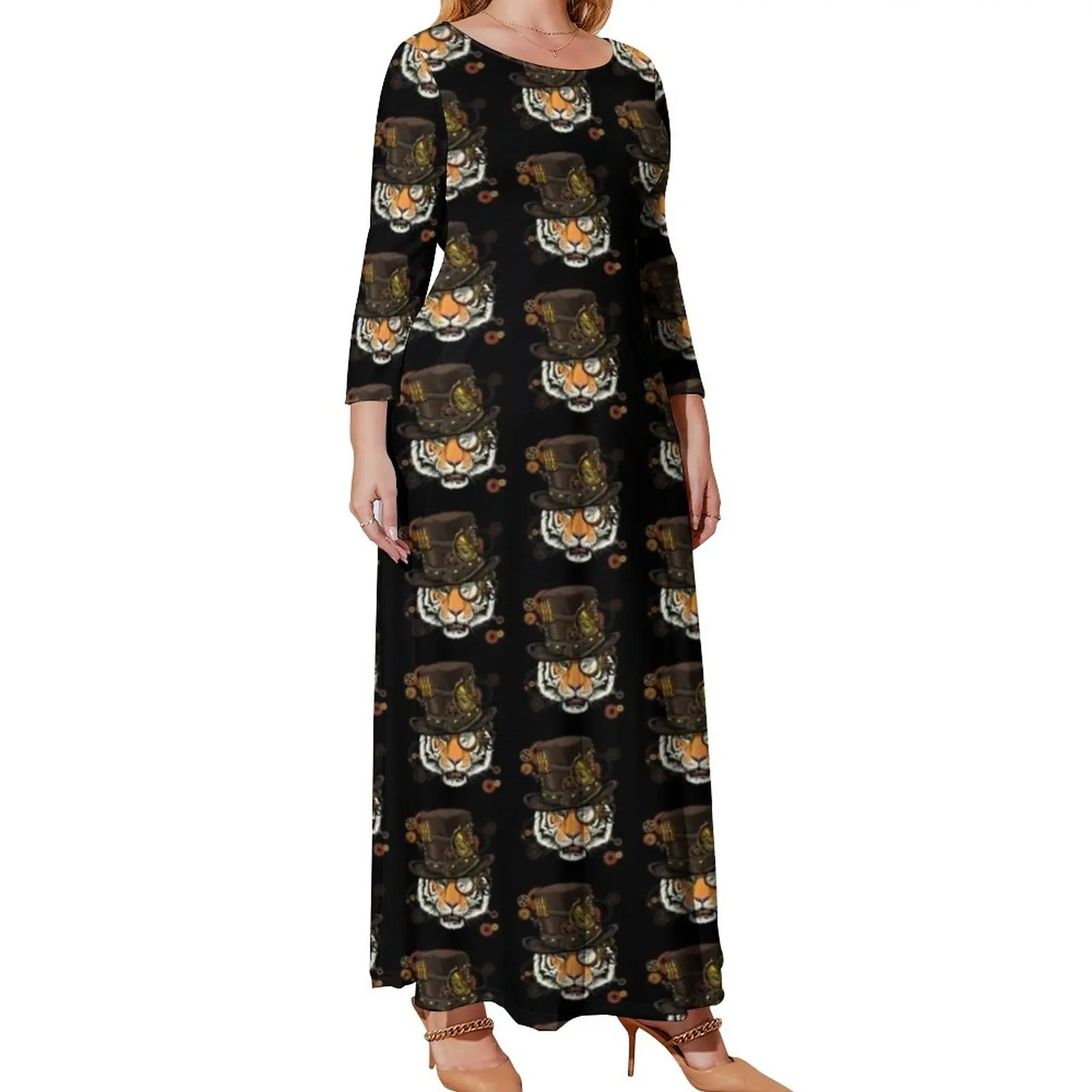 Steampunk Tiger Dress Medieval And Victorian Art Street Boho Beach Dresses Long Sleeve Cute Maxi Dress Daily Plus Size Clothes