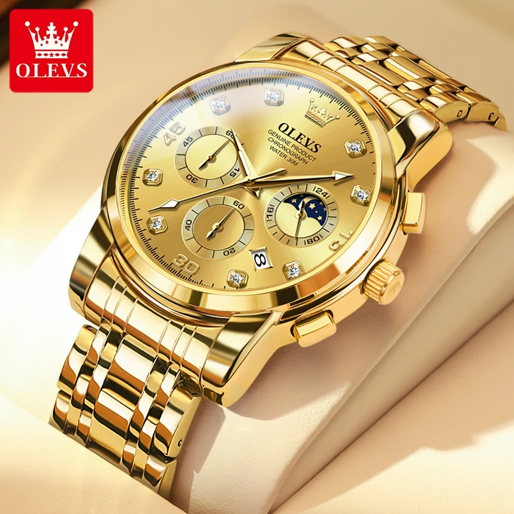 

OLEVS 2889 Multi-functional Gold Stainless Steel Men Watches Luxury Business Moon Phase Chronograph Waterproof Quartz Mens Watch