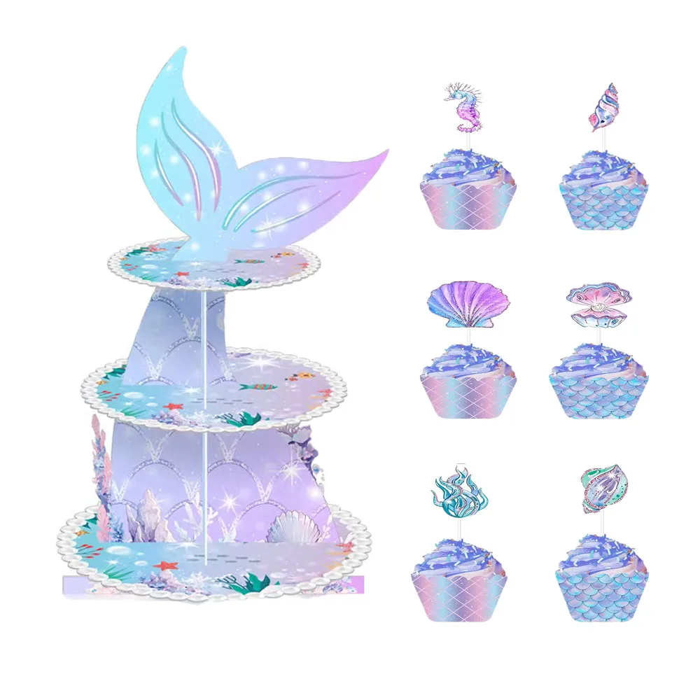 

1Set Mermaid Cake Stand Cupcake Holders Kids Mermaid Birthday Decoration Cupcake Wrapper for Baby Shower Wedding Party Supplies