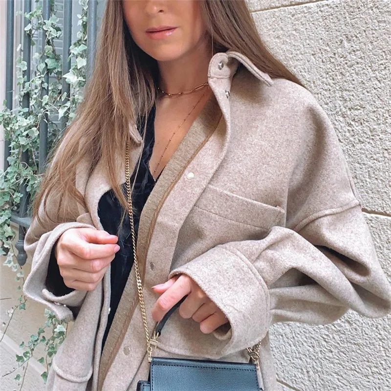 

Autumn Fashion Ladies Soft Coats Elegant Girls Chic Big Pocket Tops Outerwear 2021 Women Oversize Woolen Solid Casual Jackets