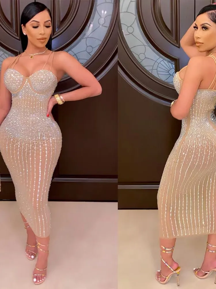 

Женское платье 2023, модное сексуальное блестящее платье миди с блестками и кристаллами, облегающее прозрачное вечернее Клубное платье на бр...