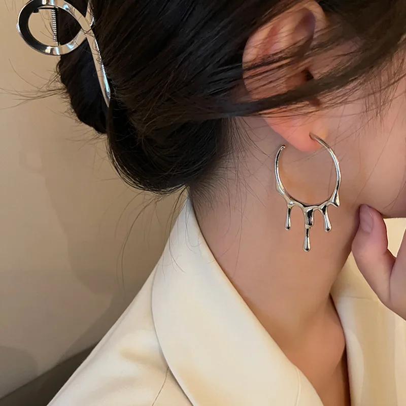 2022 New Punk Gothic Silver Color Lava Drop Shape Irregular Big Hoop Earrings for Women Men Fashion Korean Liquid Metal Jewelry images - 6