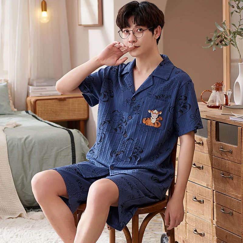 

Pajamas Men's Summer6535Combed Cotton Cardigan Lapel Cartoon Short-Sleeved Home Wear Thin Suit Can Be Worn outside