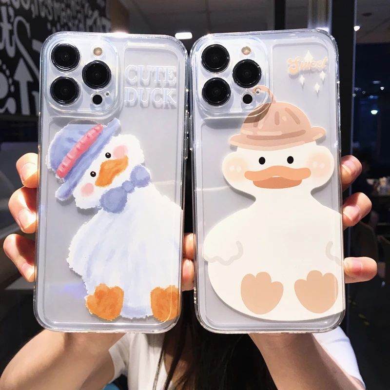 

Cute Cartoon Duck Couple Clear Phone Case For iPhone 13 Pro Max 12 11 X XS XR 7 8 Plus SE 2020 Transparent Soft Shockproof Cover