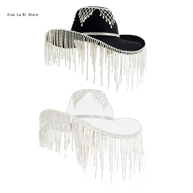 

XXFD Rhinestones Bonnet Hat Fringed Cowboy Cap Teens Girl Fashion Summer Headwear
