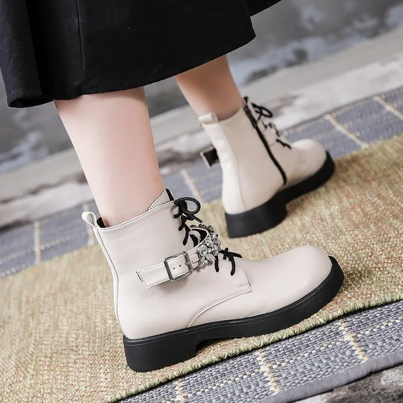2021 Fashion Rhinestone Side Zipper Buckle Boots Ladies Solid Color Flat Non-slip Winter Keep Warm Lacing Comfortable Bare Boots