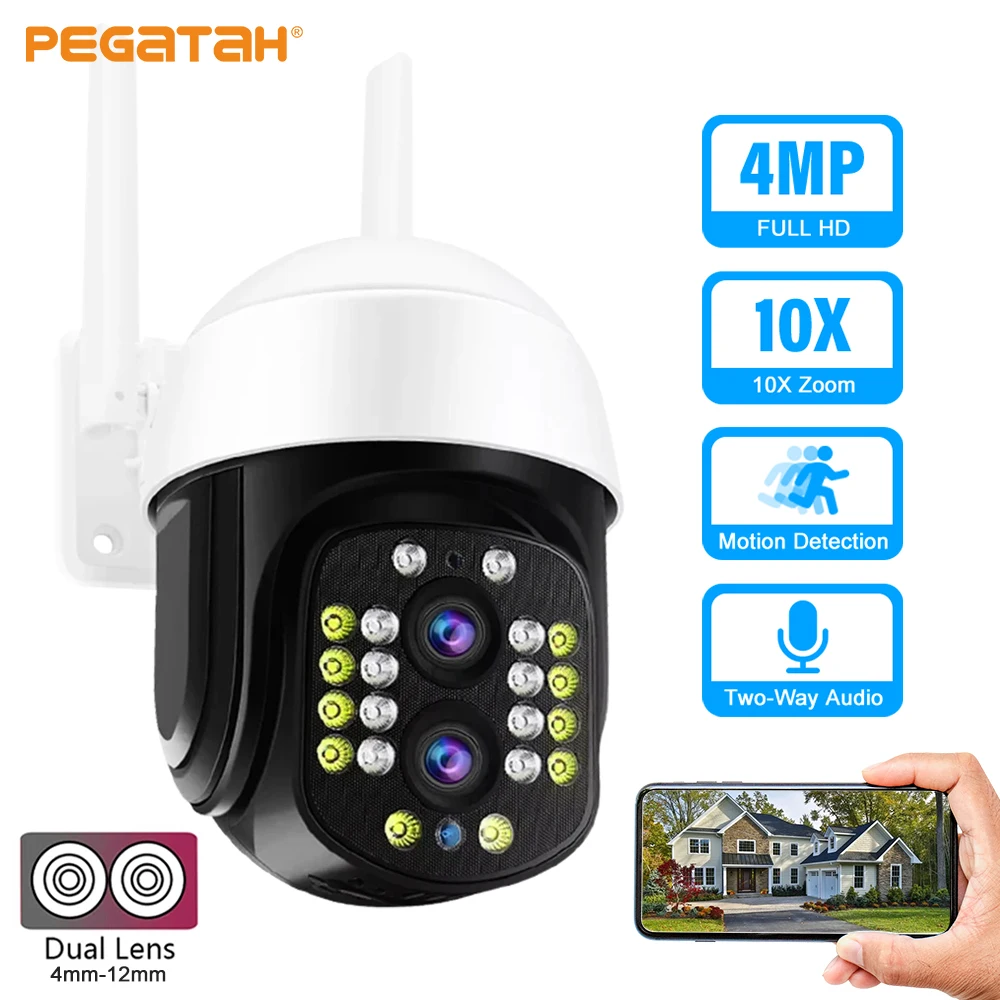 

PEGATAH 4MP WiFi Security Camera 4K Dual Lens PTZ Cameras 10x Zoom AI Human Detection Two-way Audio Surveillance Cam