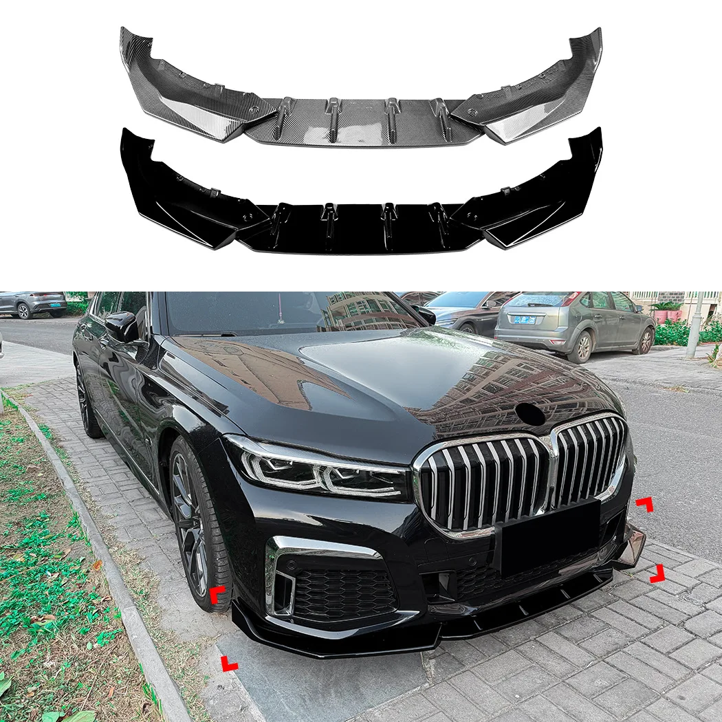 Фото Спойлер-сплиттер переднего бампера для BMW 7 серии G11 G12 LCI M Sport 2019-2022, черный глянцевый, карбон, нижний диффузор, модифицированный комплект №2