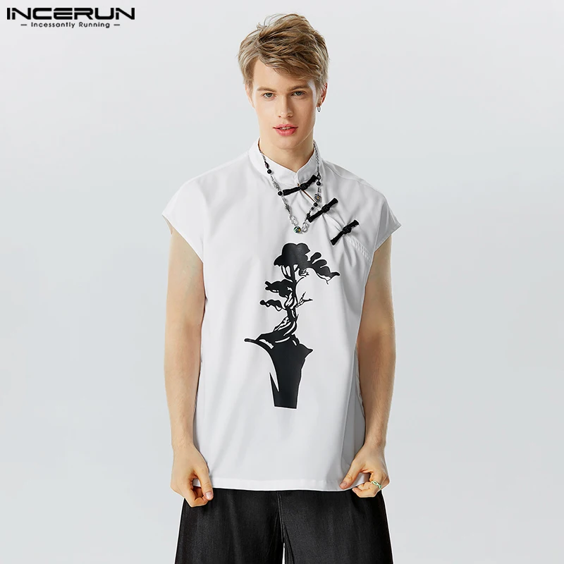 

INCERUN 2023 Men Shirt Printing Stand Collar Short Sleeve Casual Men Clothing Streetwear Vintage Chinese Style Button Camisas