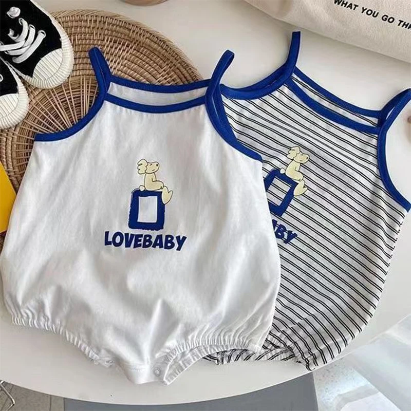 

2022 Модный Полосатый комбинезон без рукавов для маленьких мальчиков, детский тонкий комбинезон с героями мультфильмов, простой свободный хл...