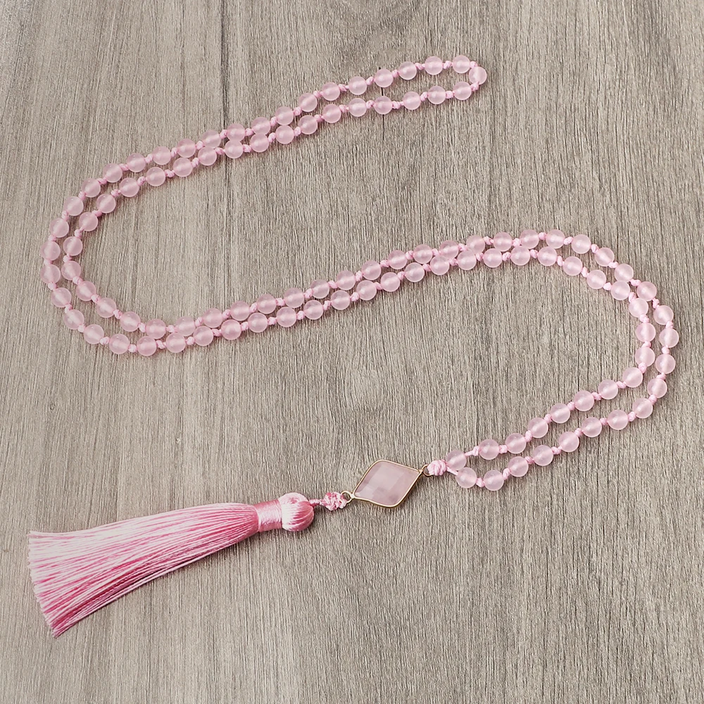 

Pink Wax Thread Inelastic Necklace 6mm 108 Mala Beads Handmade Knotted Tassel Women Yoga Stone Pendant Bangle Men Prayer Jewelry