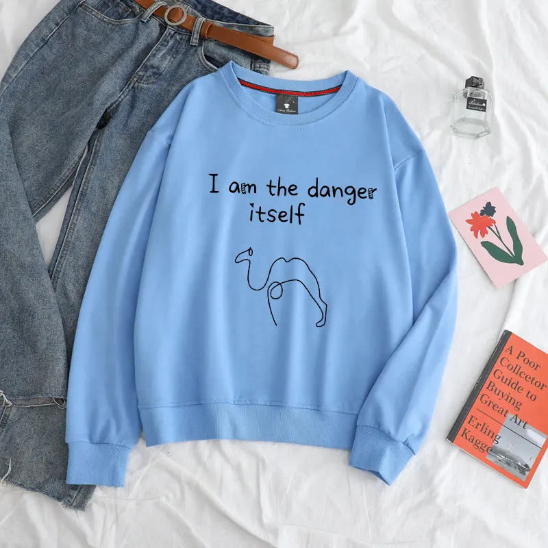 

Толстовки в стиле Харадзюку, женская одежда, повседневная тонкая блузка с круглым вырезом I Am The Danger Itself, блузка с верблюжьим принтом, унисекс...