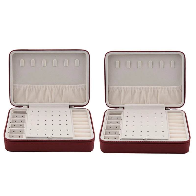 

2X Korean Style Jewelry Box Organizer Display Storage Leather Large Big Mirror Multi-Function Red