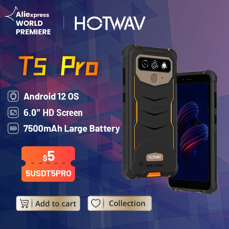 Смартфон Hotwav T5 Pro 4G прочный Android 12 OS MTK6761 6 0 дюйма 4 + 32 ГБ 7500 мА · ч 13 МП основная