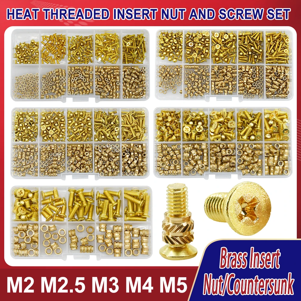 

M2 M2.5 M3 M4 M5 Metric Threaded Insert Brass Nuts Bolts Set Countersunk Head Screw Hot Melt Heating Knurled Injection Nut Kits