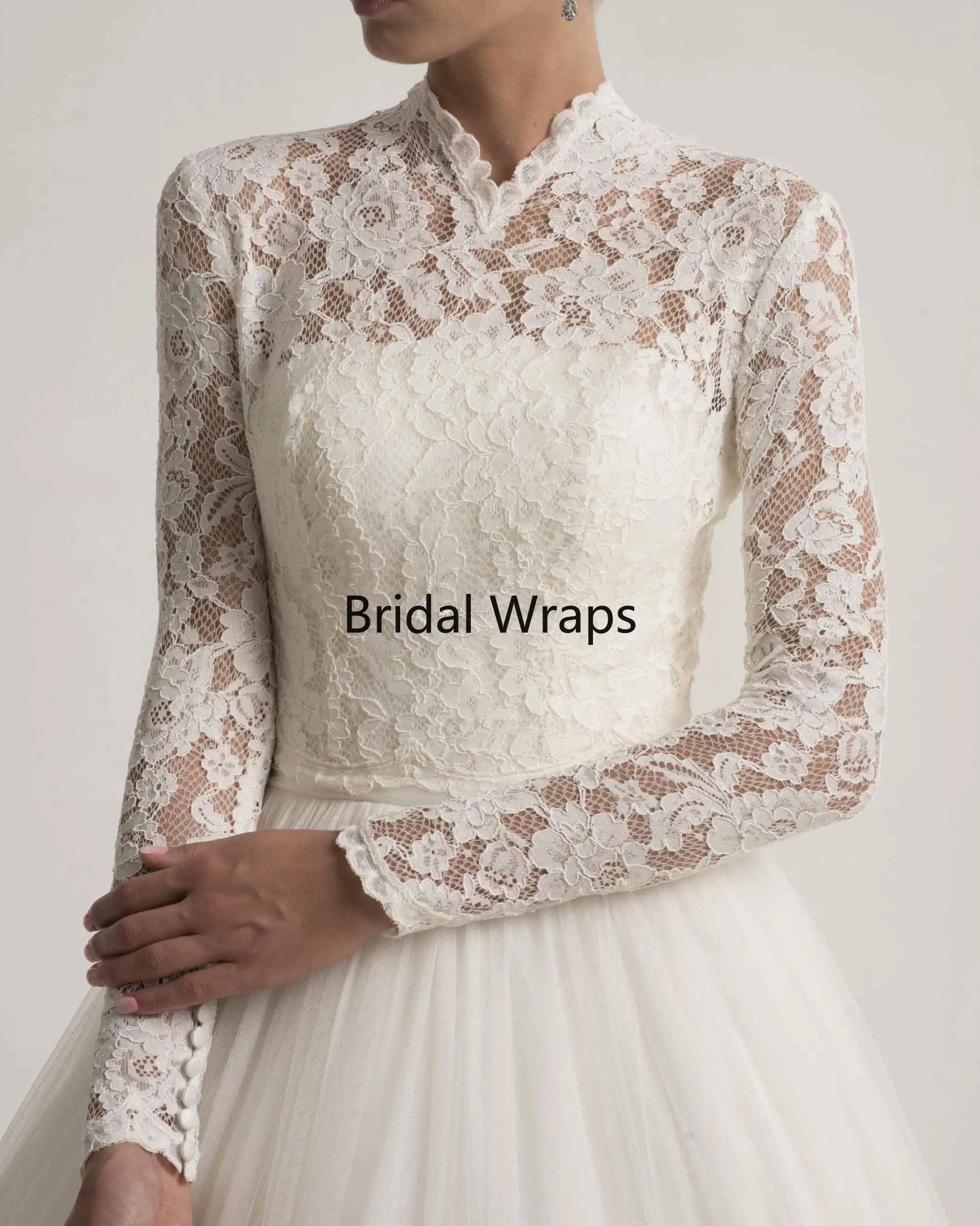 

Женская кружевная Свадебная повязка с высоким воротом и длинным рукавом, прозрачная куртка-болеро, тюлевые аксессуары для невесты, изготов...