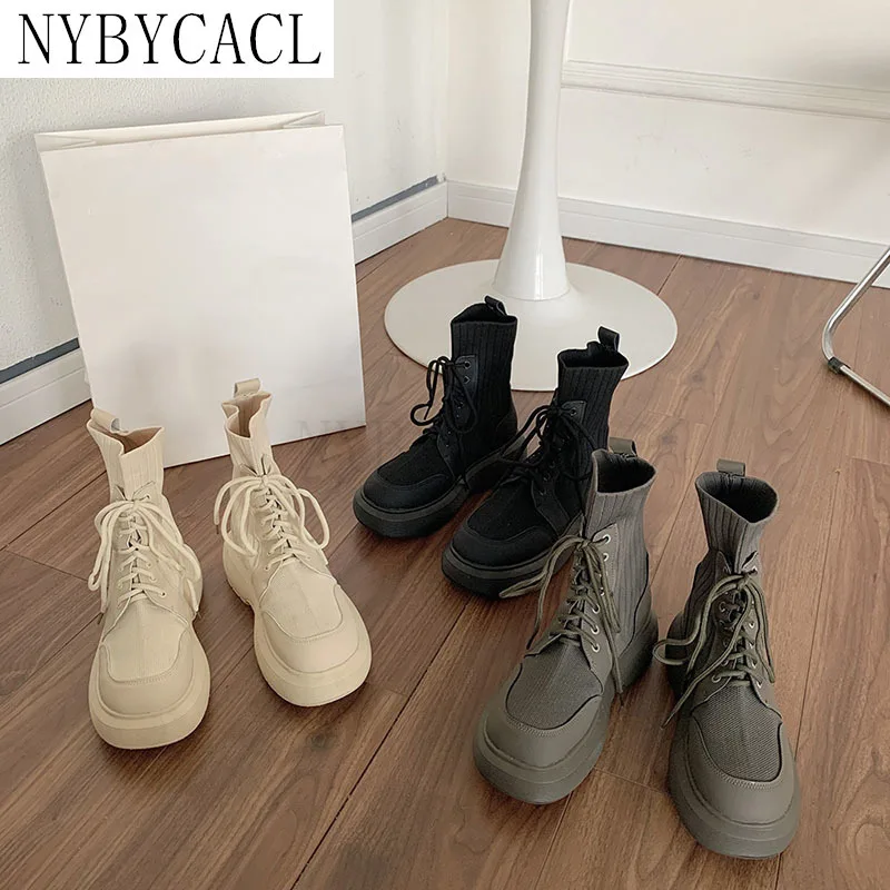 

2022 Winter Shoes knitting Women Ankle Boots Thick Bottom 5CM Fashion Lace Up Ladies Short Booties Black Woman Casual Boats New