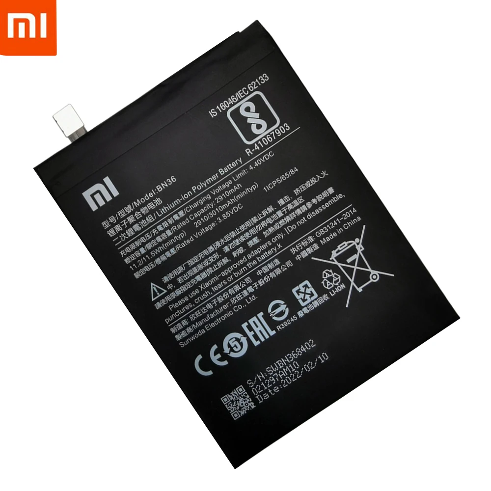 2022 years 100 orginal xiao mi bn36 2910mah battery for xiaomi 6x a2 mi6x mia2 m6x ma2 high quality phone replacementtools free global shipping