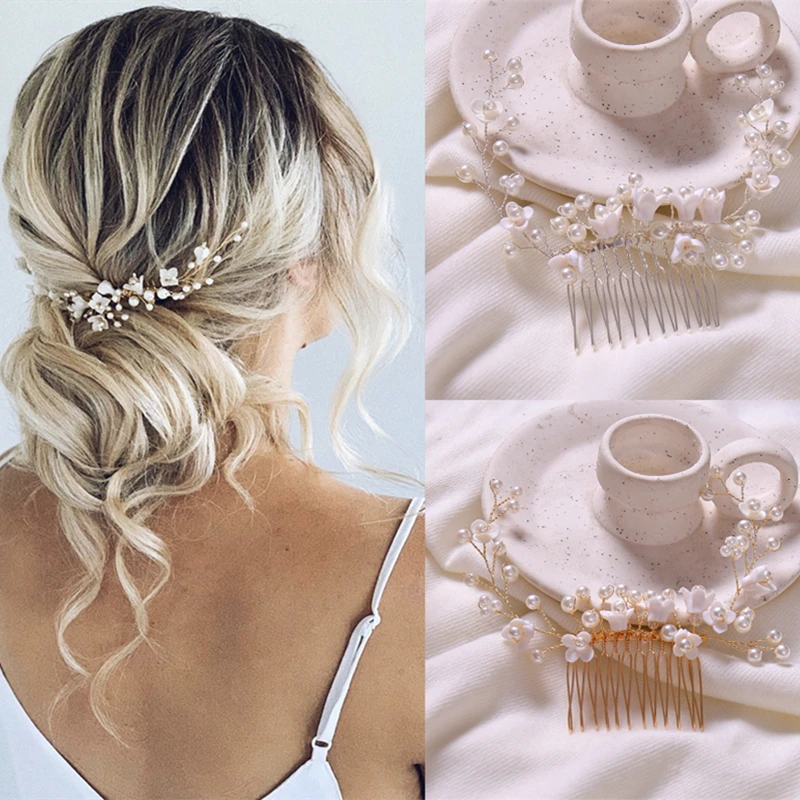 

Flower Pearl Hair Combs Tiara Headband Party Queen Handmade Comb Women Bridal Wedding Hair Accessories Ornaments Jewelry Band