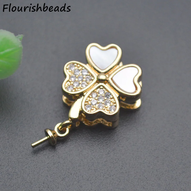 

High Quality 18K Gold Plated Color CZ Pave Mop Shell Heart Clover Charms Pendants for Jewelry Necklace Making 20pcs Per Lot