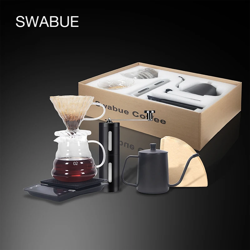 Swabue Pour Over Coffee Sets Filter Papesr Dripper Glasse Pots 500ml Services Scale Manual Grinder Cafe Maker 4/5 sets