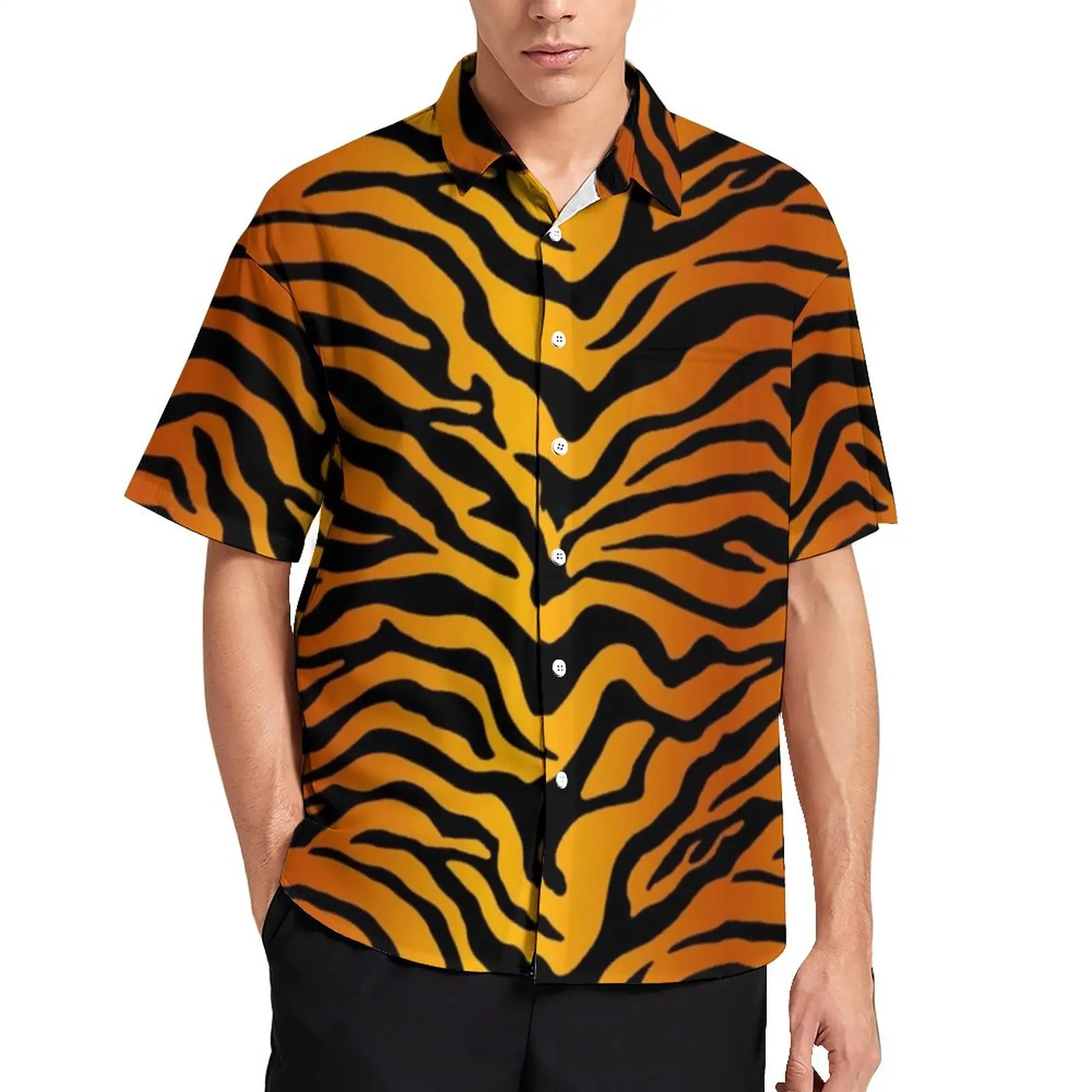 

Tiger Stripes Yellow Vacation Shirt Animal Print Hawaii Casual Shirts Men Trending Blouses Short Sleeve Graphic Tops Plus Size