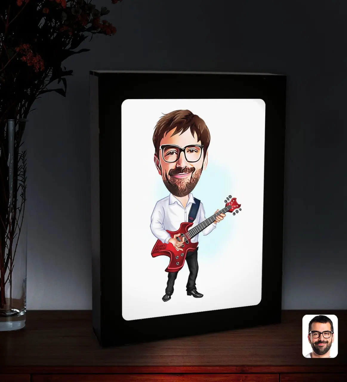 

Персонализированный мужской гитарист карикатура со светодиодной подсветкой деревянная картина Çerçevesi-2