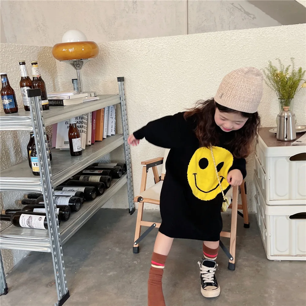 

Осеннее шерстяное платье для маленьких девочек с рисунком улыбки, детские милые свободные вязаные платья принцессы с длинным рукавом