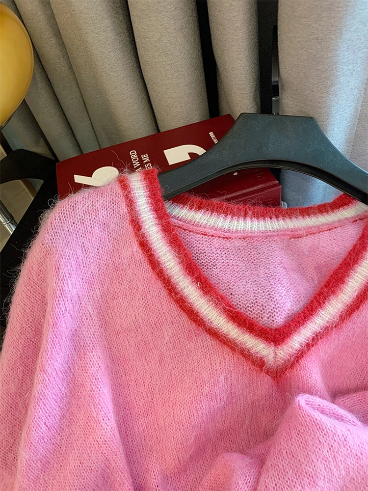 Розовый свитер пуловер для офиса осень-зима серый простой эластичный плюшевый