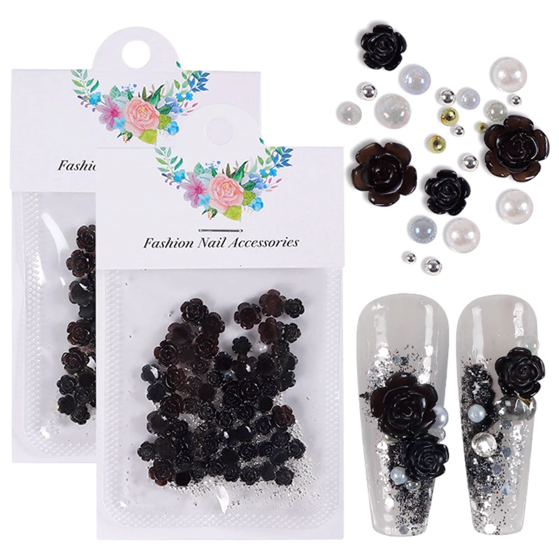 

50PCS/Pack Mixed Design Black 3D Acrylic Flower Nail Charm Accessories With Metal Caviar Beads For Nails Art Decoration Parts