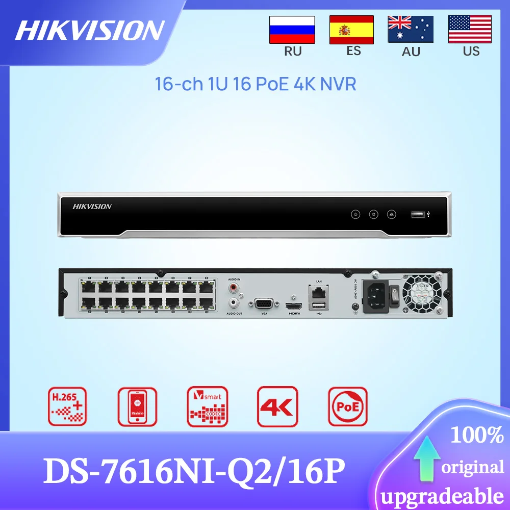 Оригинальный сетевой видеорегистратор Hikvision 4K DS-7616NI-Q2/16P 16-канальный 1U 16PoE для