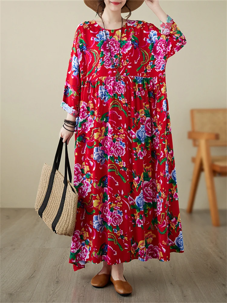 Винтажное хлопковое платье с длинным рукавом цветочным принтом