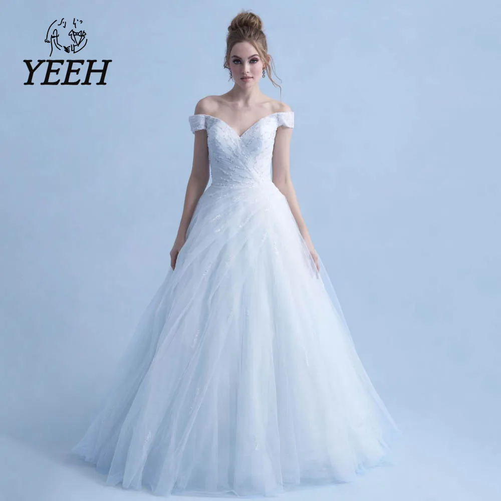 

YEEH Princess Cap Sleeve Wedding Dresses Luxury Ruffle Beaded Bridal Gowns Elegant V-Neck A-Line Sweep Train Vestido De Novia