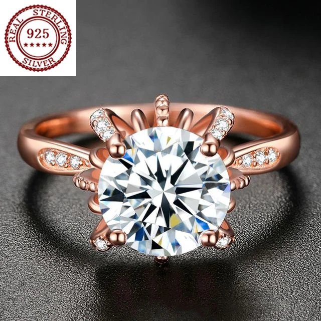 

South Korea Moissan S925 Silver Plated Rose Gold Fashion Super Flash Micro Diamond Marriage Proposal Flower Shaped Luxury Ring