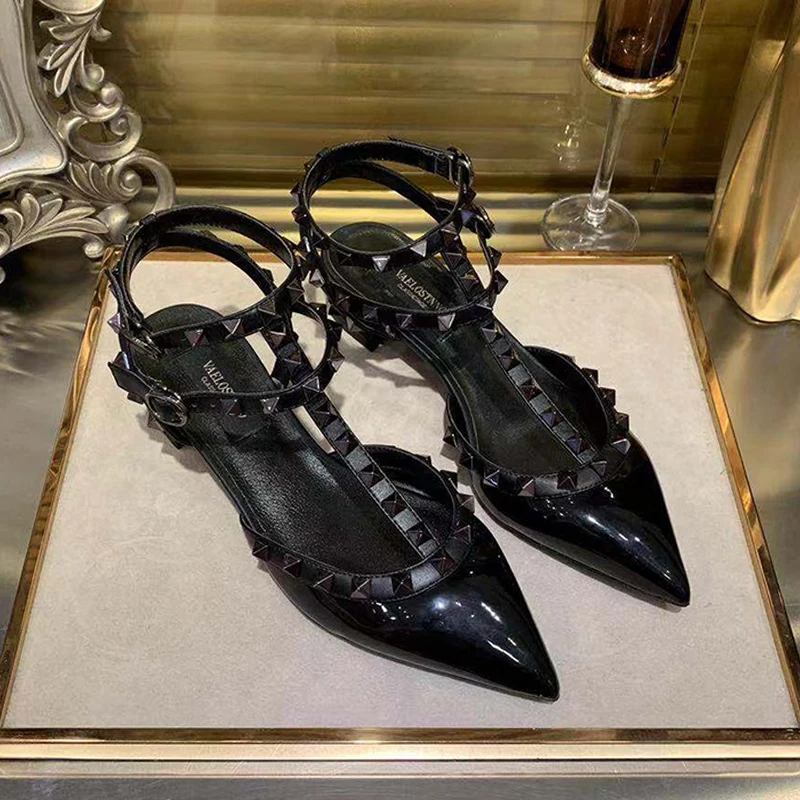 Pointed Women's Sandals Rivet Middle Heel Thick Heel Summer Strap Buckle Sexy Rivet High Heel Pumps Comfortable Women's Shoes