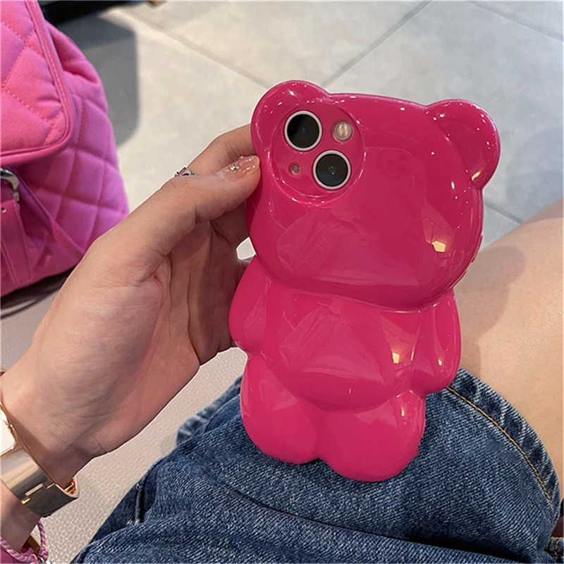 

Lovely 3D Cartoon Bear Pink Phone Case For iPhone 14 Plus 13 12 11 Pro Max XS X XR Cute Glossy Shockproof Soft Silicone Cover