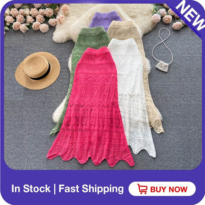 Elegant Fishtail Skirt Women's Skirt 2022 Summer Korean Version Fashion Solid Color Hollow Knitted Ladies Midi Skirt