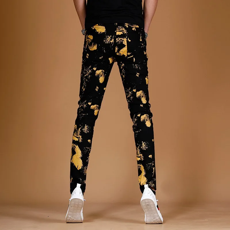 Black Jeans Men Summer Fashion Golden Printed Pants Streetwear Casual Straight Slim Fit Denim Trousers