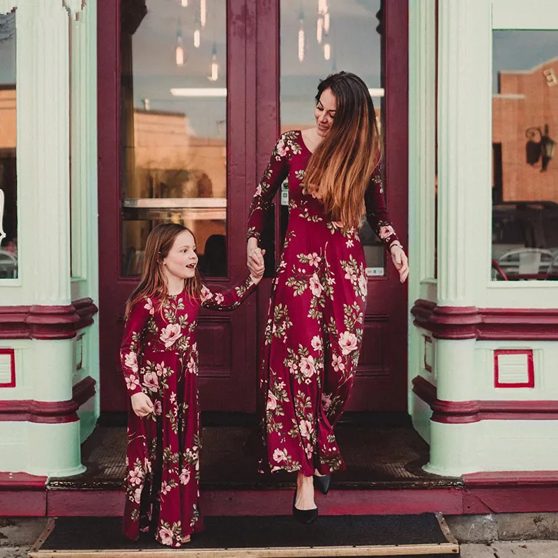 

Mommy and Me Dress Baby Girls Clothes Wine Floral Print Mom Daughter Dresses Family Matching Clothes Outfits